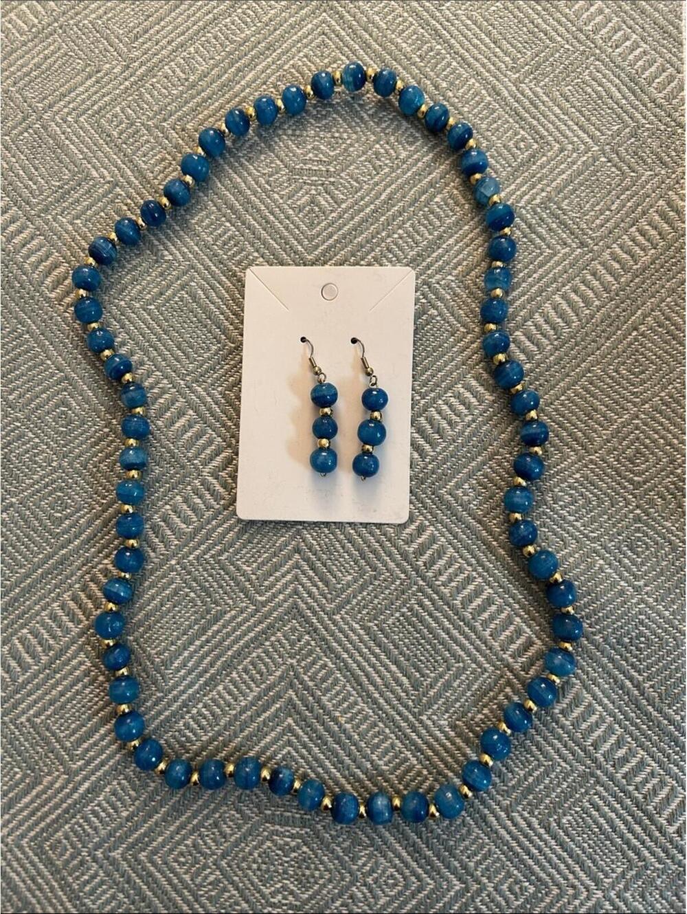 Blue Beaded Necklace and Earrings Set
